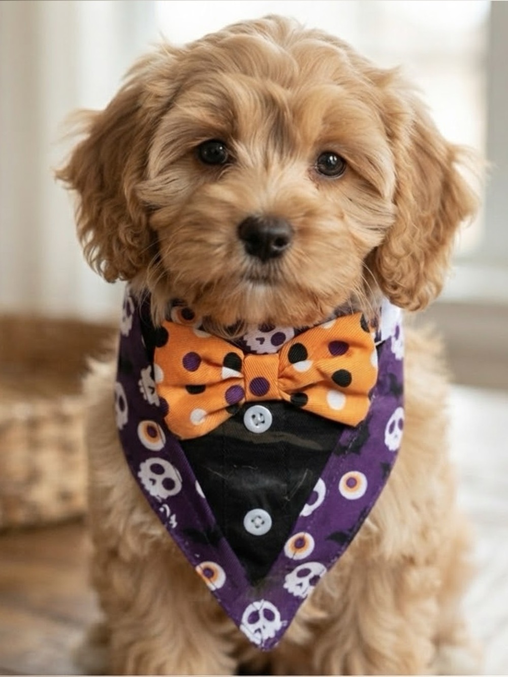 Halloween Skull and Bat Bandana with Orange Bow Tie small